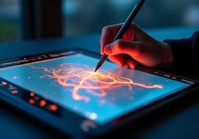 Modern tablet with digital ink brush strokes