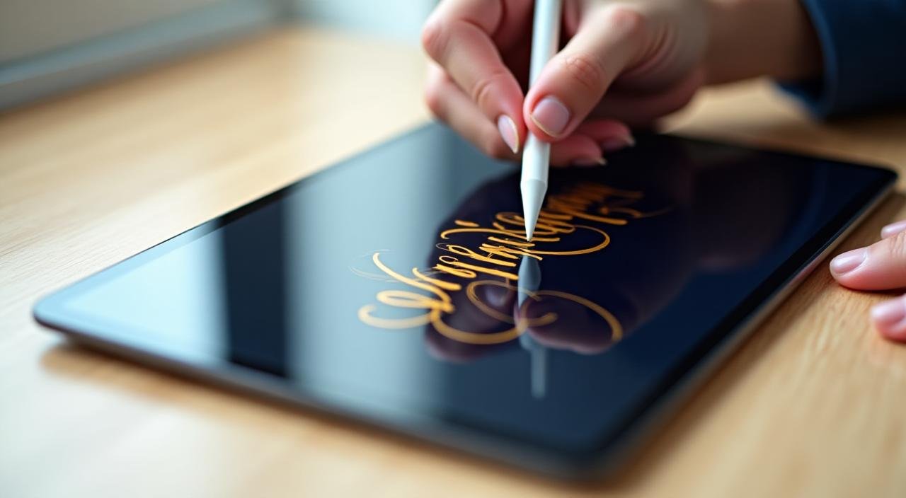 A hand using an Apple Pencil on an iPad Pro creating elegant digital calligraphy flourishes