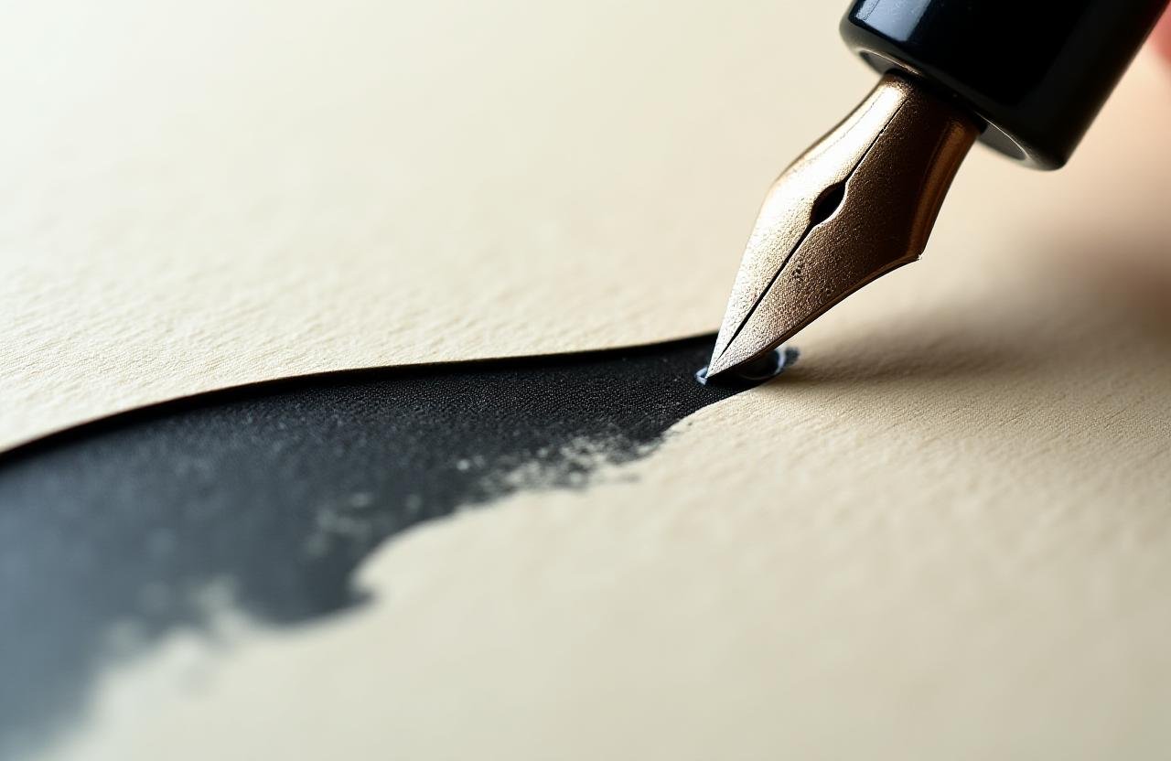 Close-up of ink flowing into paper with a calligraphy pen